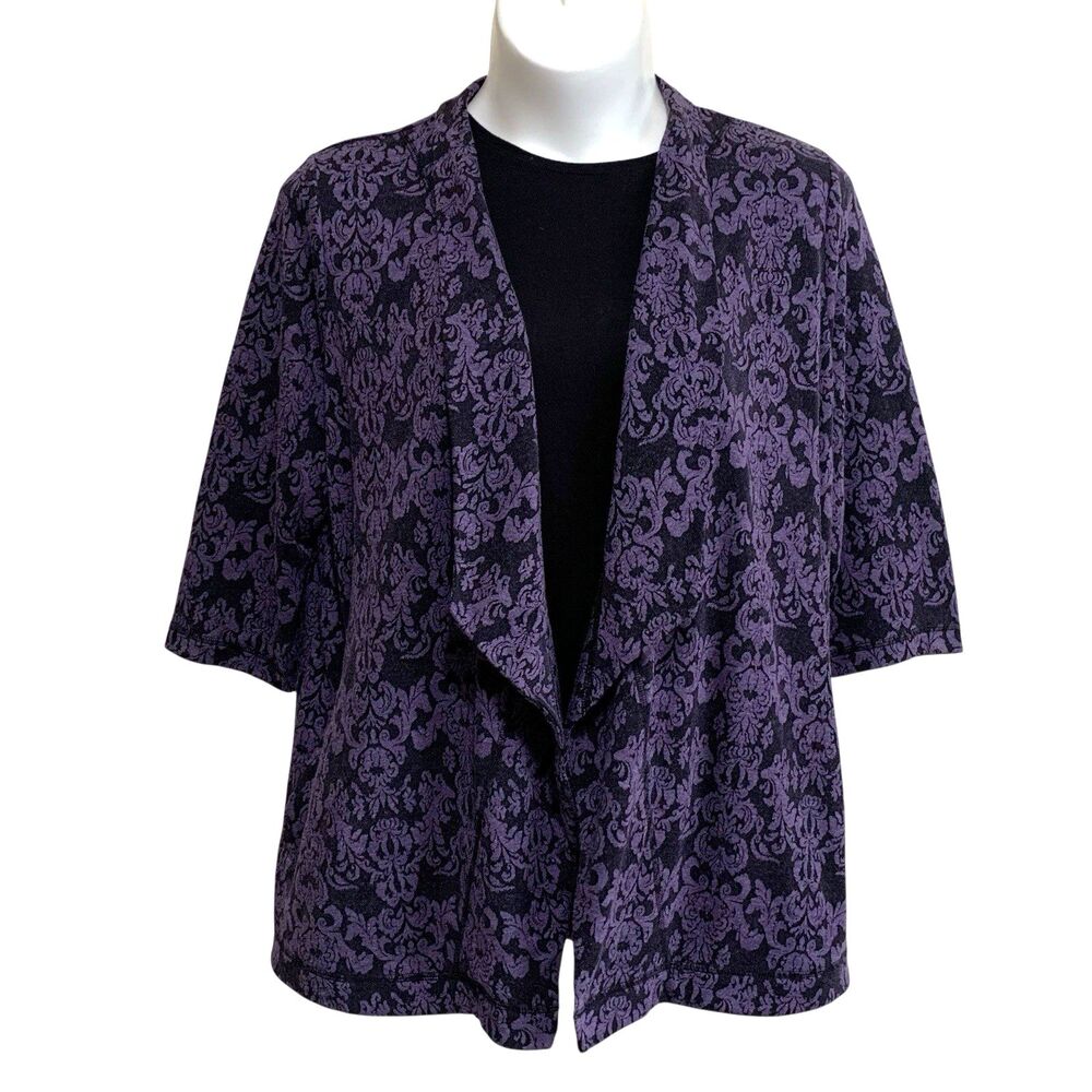 Catherines Cardigan Open Front Womens Size 14/16W Purple Black Floral 3/4 Sleeve